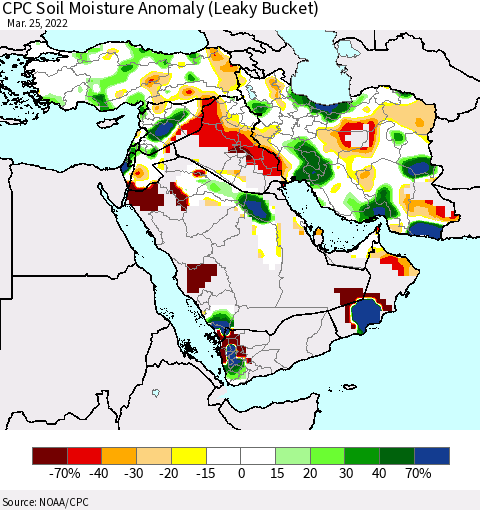 Middle East and Turkey CPC Soil Moisture Anomaly (Leaky Bucket) Thematic Map For 3/21/2022 - 3/25/2022
