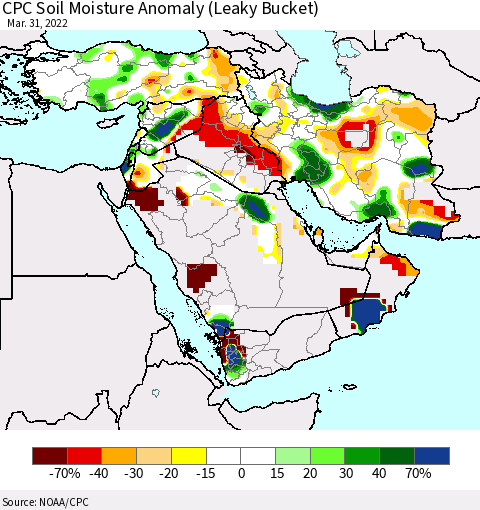 Middle East and Turkey CPC Soil Moisture Anomaly (Leaky Bucket) Thematic Map For 3/26/2022 - 3/31/2022