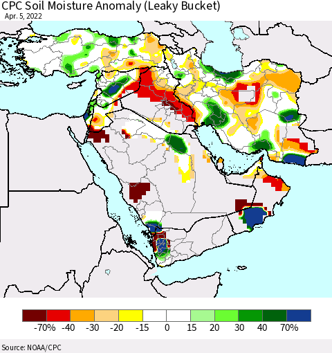Middle East and Turkey CPC Soil Moisture Anomaly (Leaky Bucket) Thematic Map For 4/1/2022 - 4/5/2022