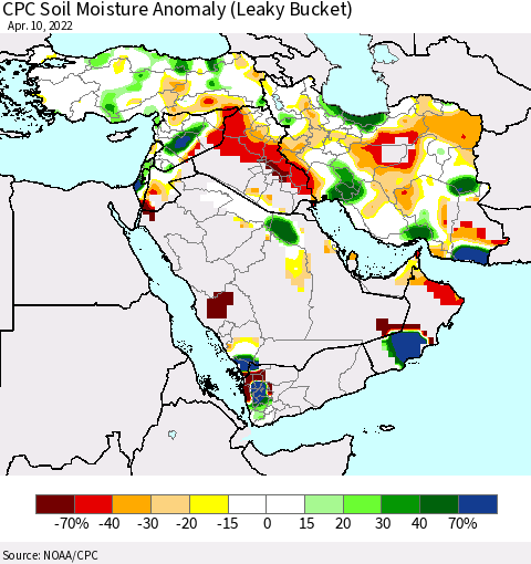 Middle East and Turkey CPC Soil Moisture Anomaly (Leaky Bucket) Thematic Map For 4/6/2022 - 4/10/2022