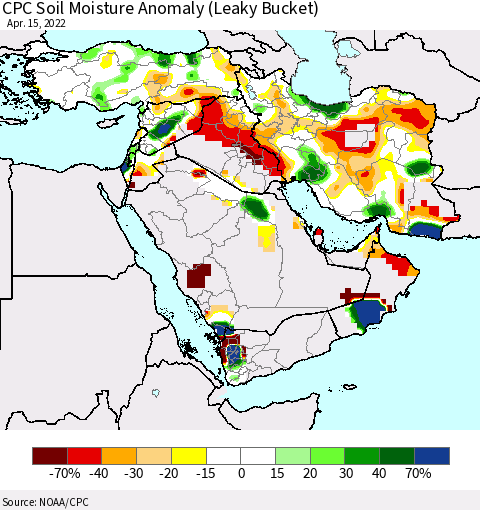 Middle East and Turkey CPC Soil Moisture Anomaly (Leaky Bucket) Thematic Map For 4/11/2022 - 4/15/2022