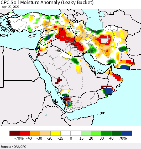 Middle East and Turkey CPC Soil Moisture Anomaly (Leaky Bucket) Thematic Map For 4/16/2022 - 4/20/2022