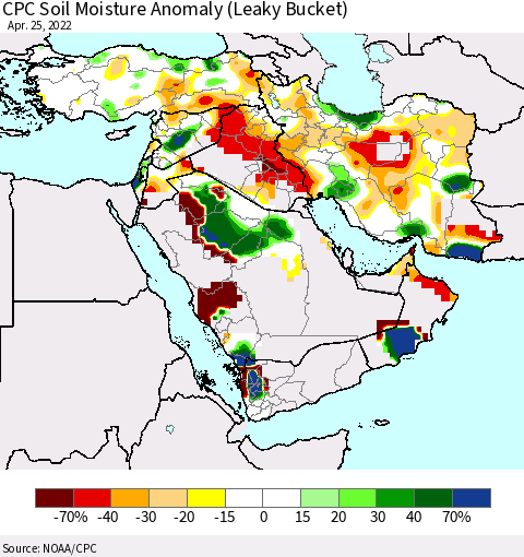 Middle East and Turkey CPC Soil Moisture Anomaly (Leaky Bucket) Thematic Map For 4/21/2022 - 4/25/2022