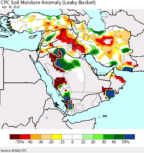 Middle East and Turkey CPC Soil Moisture Anomaly (Leaky Bucket) Thematic Map For 4/26/2022 - 4/30/2022