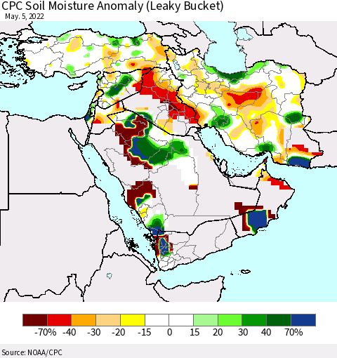 Middle East and Turkey CPC Soil Moisture Anomaly (Leaky Bucket) Thematic Map For 5/1/2022 - 5/5/2022