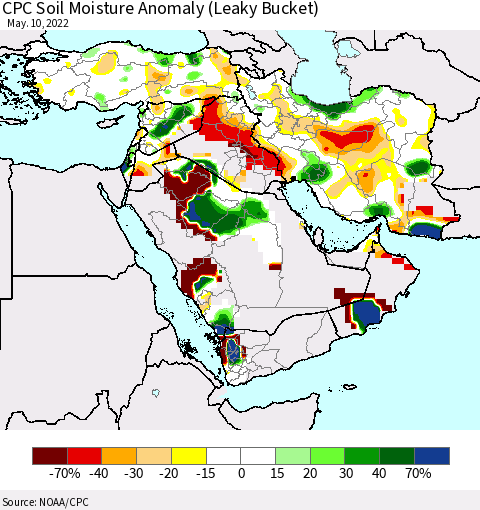 Middle East and Turkey CPC Soil Moisture Anomaly (Leaky Bucket) Thematic Map For 5/6/2022 - 5/10/2022
