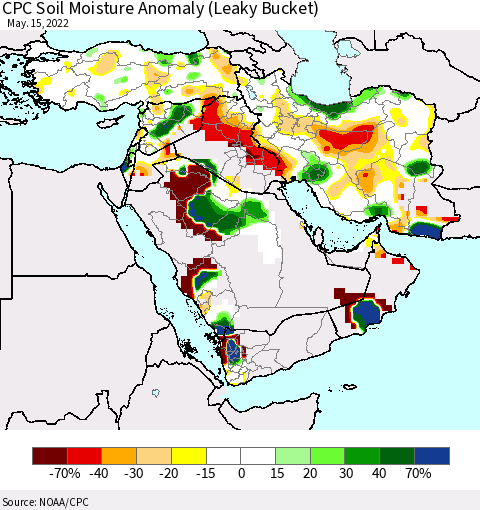 Middle East and Turkey CPC Soil Moisture Anomaly (Leaky Bucket) Thematic Map For 5/11/2022 - 5/15/2022