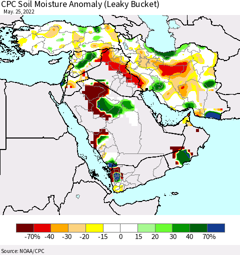 Middle East and Turkey CPC Soil Moisture Anomaly (Leaky Bucket) Thematic Map For 5/21/2022 - 5/25/2022