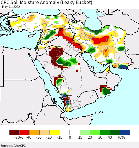 Middle East and Turkey CPC Soil Moisture Anomaly (Leaky Bucket) Thematic Map For 5/26/2022 - 5/31/2022