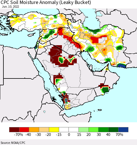 Middle East and Turkey CPC Soil Moisture Anomaly (Leaky Bucket) Thematic Map For 6/6/2022 - 6/10/2022