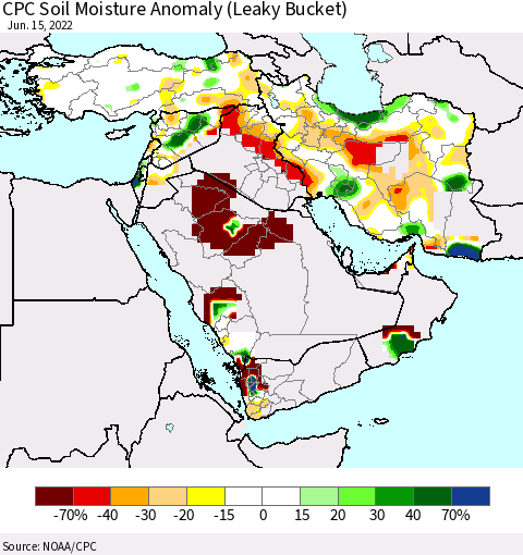 Middle East and Turkey CPC Soil Moisture Anomaly (Leaky Bucket) Thematic Map For 6/11/2022 - 6/15/2022