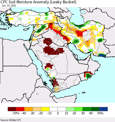 Middle East and Turkey CPC Soil Moisture Anomaly (Leaky Bucket) Thematic Map For 6/21/2022 - 6/25/2022
