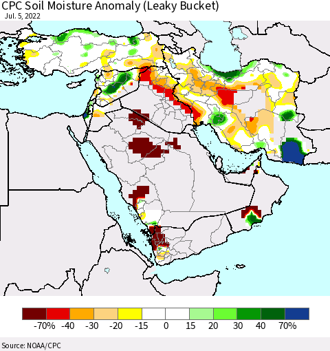Middle East and Turkey CPC Soil Moisture Anomaly (Leaky Bucket) Thematic Map For 7/1/2022 - 7/5/2022