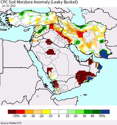 Middle East and Turkey CPC Soil Moisture Anomaly (Leaky Bucket) Thematic Map For 7/6/2022 - 7/10/2022