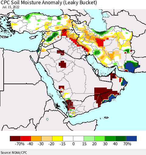 Middle East and Turkey CPC Soil Moisture Anomaly (Leaky Bucket) Thematic Map For 7/11/2022 - 7/15/2022
