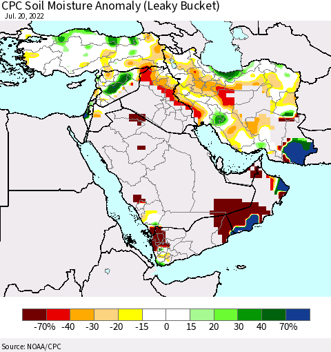 Middle East and Turkey CPC Soil Moisture Anomaly (Leaky Bucket) Thematic Map For 7/16/2022 - 7/20/2022