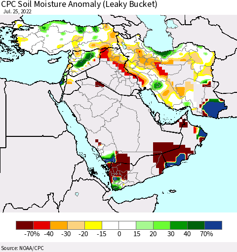 Middle East and Turkey CPC Soil Moisture Anomaly (Leaky Bucket) Thematic Map For 7/21/2022 - 7/25/2022