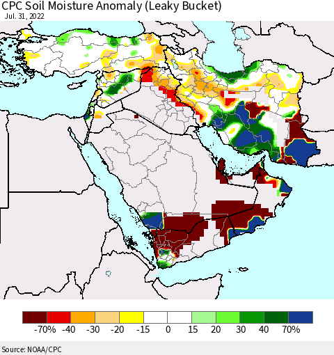 Middle East and Turkey CPC Soil Moisture Anomaly (Leaky Bucket) Thematic Map For 7/26/2022 - 7/31/2022