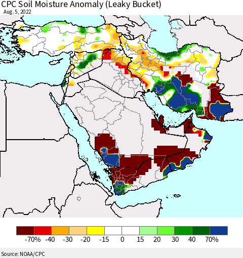 Middle East and Turkey CPC Soil Moisture Anomaly (Leaky Bucket) Thematic Map For 8/1/2022 - 8/5/2022