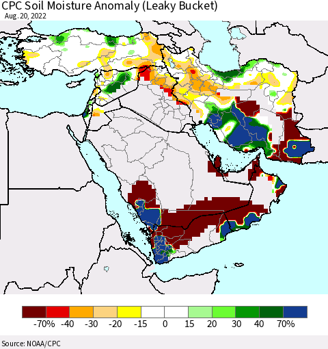Middle East and Turkey CPC Soil Moisture Anomaly (Leaky Bucket) Thematic Map For 8/16/2022 - 8/20/2022