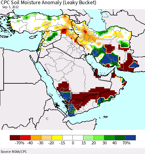 Middle East and Turkey CPC Soil Moisture Anomaly (Leaky Bucket) Thematic Map For 9/1/2022 - 9/5/2022