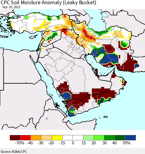 Middle East and Turkey CPC Soil Moisture Anomaly (Leaky Bucket) Thematic Map For 9/16/2022 - 9/20/2022