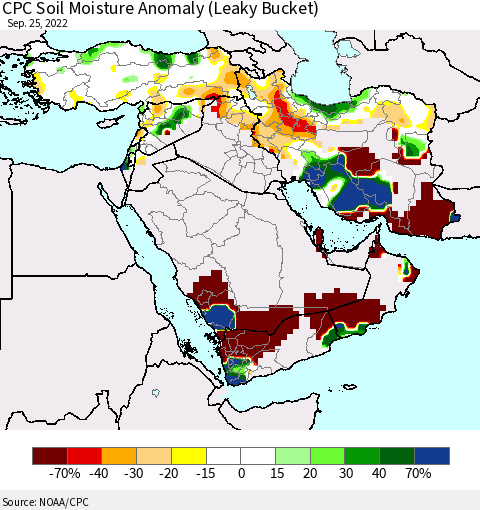 Middle East and Turkey CPC Soil Moisture Anomaly (Leaky Bucket) Thematic Map For 9/21/2022 - 9/25/2022