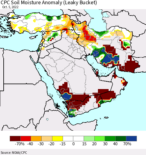 Middle East and Turkey CPC Soil Moisture Anomaly (Leaky Bucket) Thematic Map For 10/1/2022 - 10/5/2022