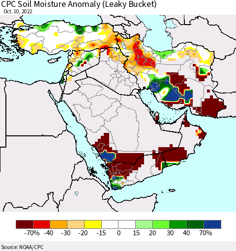 Middle East and Turkey CPC Soil Moisture Anomaly (Leaky Bucket) Thematic Map For 10/6/2022 - 10/10/2022