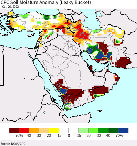 Middle East and Turkey CPC Soil Moisture Anomaly (Leaky Bucket) Thematic Map For 10/16/2022 - 10/20/2022