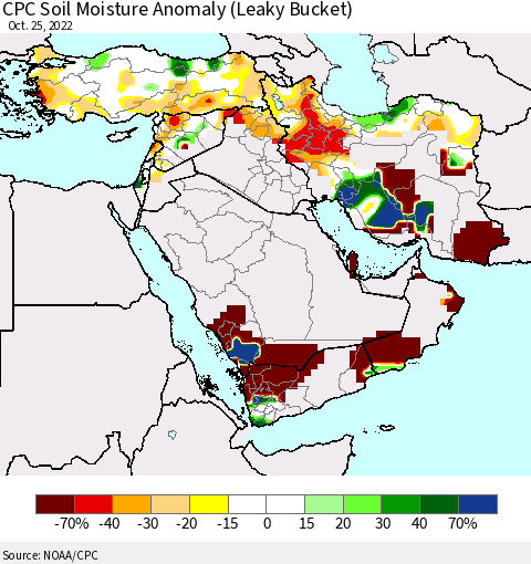 Middle East and Turkey CPC Soil Moisture Anomaly (Leaky Bucket) Thematic Map For 10/21/2022 - 10/25/2022