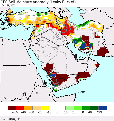 Middle East and Turkey CPC Soil Moisture Anomaly (Leaky Bucket) Thematic Map For 10/26/2022 - 10/31/2022