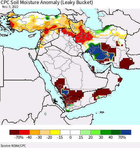 Middle East and Turkey CPC Soil Moisture Anomaly (Leaky Bucket) Thematic Map For 11/1/2022 - 11/5/2022