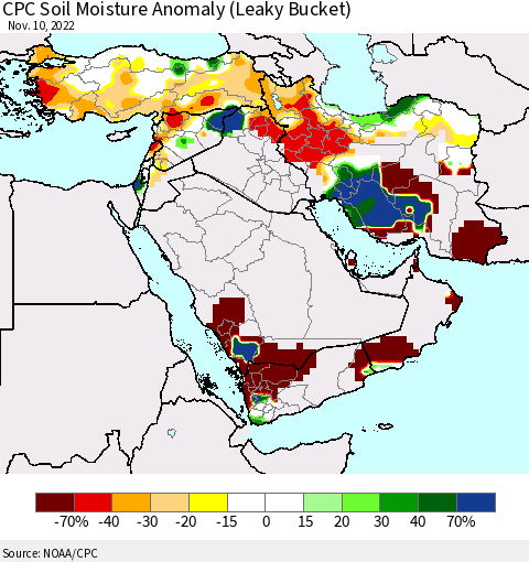 Middle East and Turkey CPC Soil Moisture Anomaly (Leaky Bucket) Thematic Map For 11/6/2022 - 11/10/2022