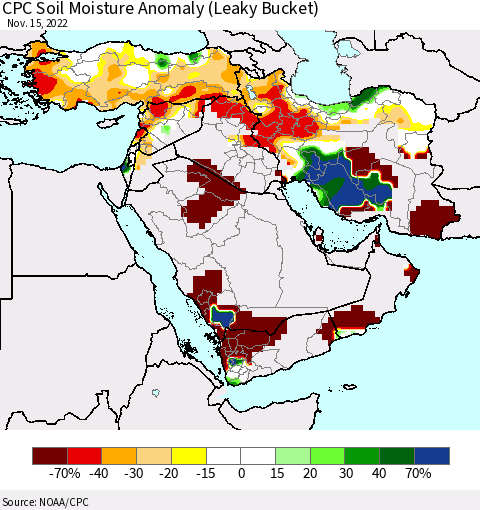 Middle East and Turkey CPC Soil Moisture Anomaly (Leaky Bucket) Thematic Map For 11/11/2022 - 11/15/2022