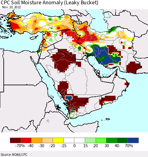 Middle East and Turkey CPC Soil Moisture Anomaly (Leaky Bucket) Thematic Map For 11/16/2022 - 11/20/2022
