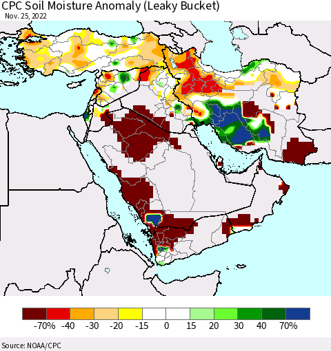 Middle East and Turkey CPC Soil Moisture Anomaly (Leaky Bucket) Thematic Map For 11/21/2022 - 11/25/2022