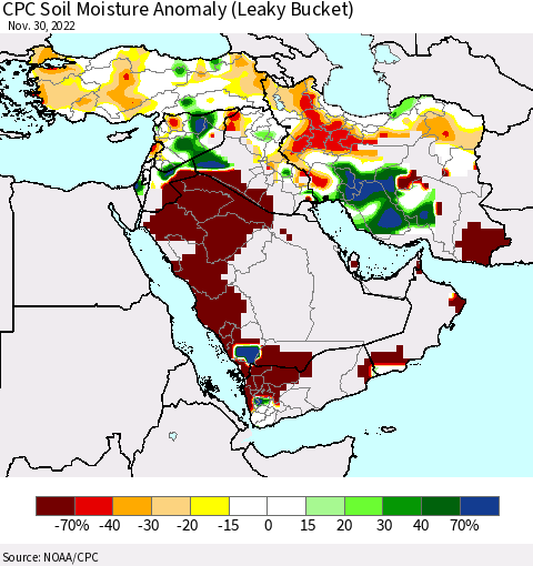 Middle East and Turkey CPC Soil Moisture Anomaly (Leaky Bucket) Thematic Map For 11/26/2022 - 11/30/2022