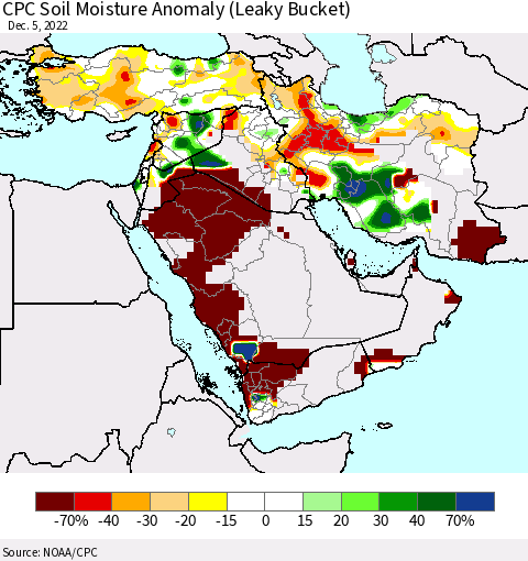 Middle East and Turkey CPC Soil Moisture Anomaly (Leaky Bucket) Thematic Map For 12/1/2022 - 12/5/2022