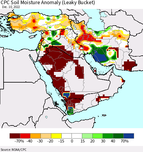 Middle East and Turkey CPC Soil Moisture Anomaly (Leaky Bucket) Thematic Map For 12/6/2022 - 12/10/2022