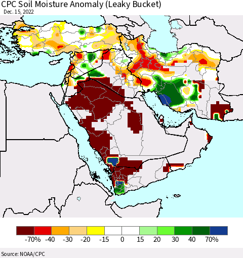 Middle East and Turkey CPC Soil Moisture Anomaly (Leaky Bucket) Thematic Map For 12/11/2022 - 12/15/2022