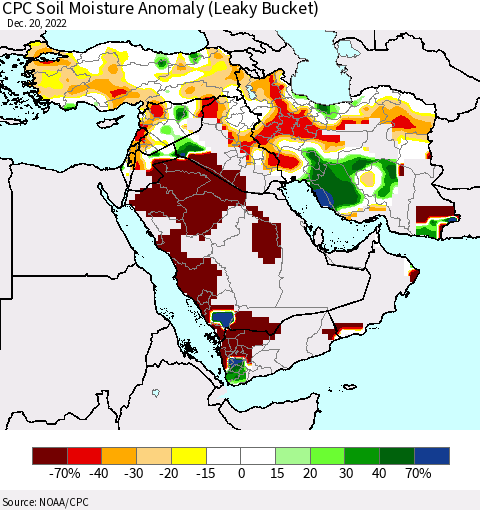 Middle East and Turkey CPC Soil Moisture Anomaly (Leaky Bucket) Thematic Map For 12/16/2022 - 12/20/2022