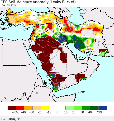 Middle East and Turkey CPC Soil Moisture Anomaly (Leaky Bucket) Thematic Map For 12/21/2022 - 12/25/2022