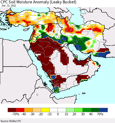 Middle East and Turkey CPC Soil Moisture Anomaly (Leaky Bucket) Thematic Map For 12/26/2022 - 12/31/2022