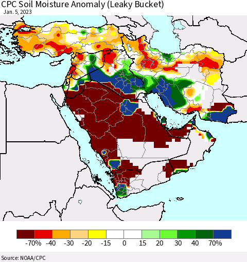 Middle East and Turkey CPC Soil Moisture Anomaly (Leaky Bucket) Thematic Map For 1/1/2023 - 1/5/2023