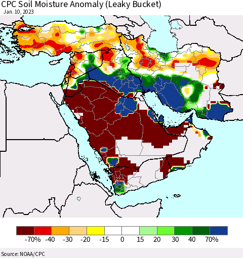Middle East and Turkey CPC Soil Moisture Anomaly (Leaky Bucket) Thematic Map For 1/6/2023 - 1/10/2023