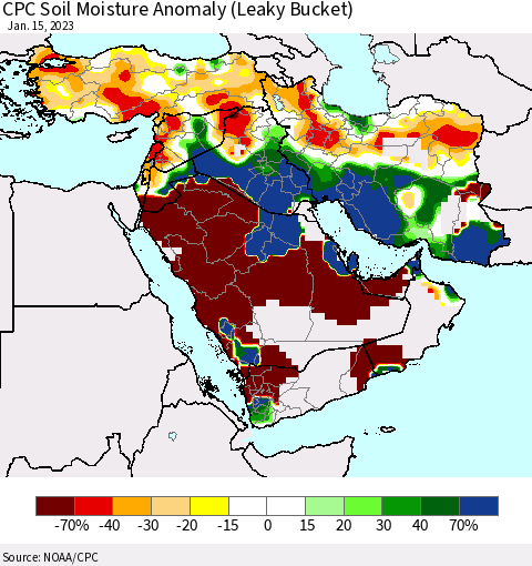 Middle East and Turkey CPC Soil Moisture Anomaly (Leaky Bucket) Thematic Map For 1/11/2023 - 1/15/2023