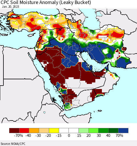 Middle East and Turkey CPC Soil Moisture Anomaly (Leaky Bucket) Thematic Map For 1/16/2023 - 1/20/2023