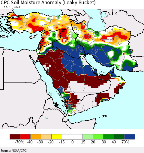 Middle East and Turkey CPC Soil Moisture Anomaly (Leaky Bucket) Thematic Map For 1/26/2023 - 1/31/2023