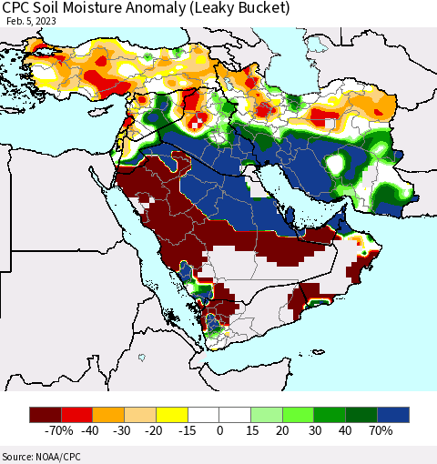 Middle East and Turkey CPC Soil Moisture Anomaly (Leaky Bucket) Thematic Map For 2/1/2023 - 2/5/2023